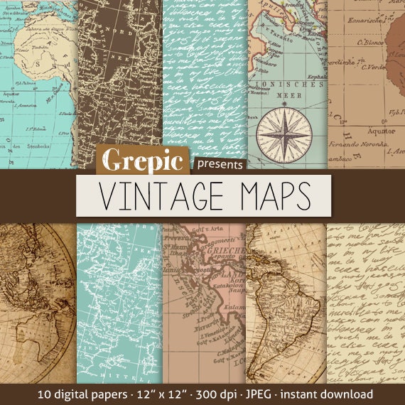 Vintage maps digital paper: "VINTAGE MAPS" with vintage & antique maps of europe, america and the world for scrapbooking, invites, cards - Grepic