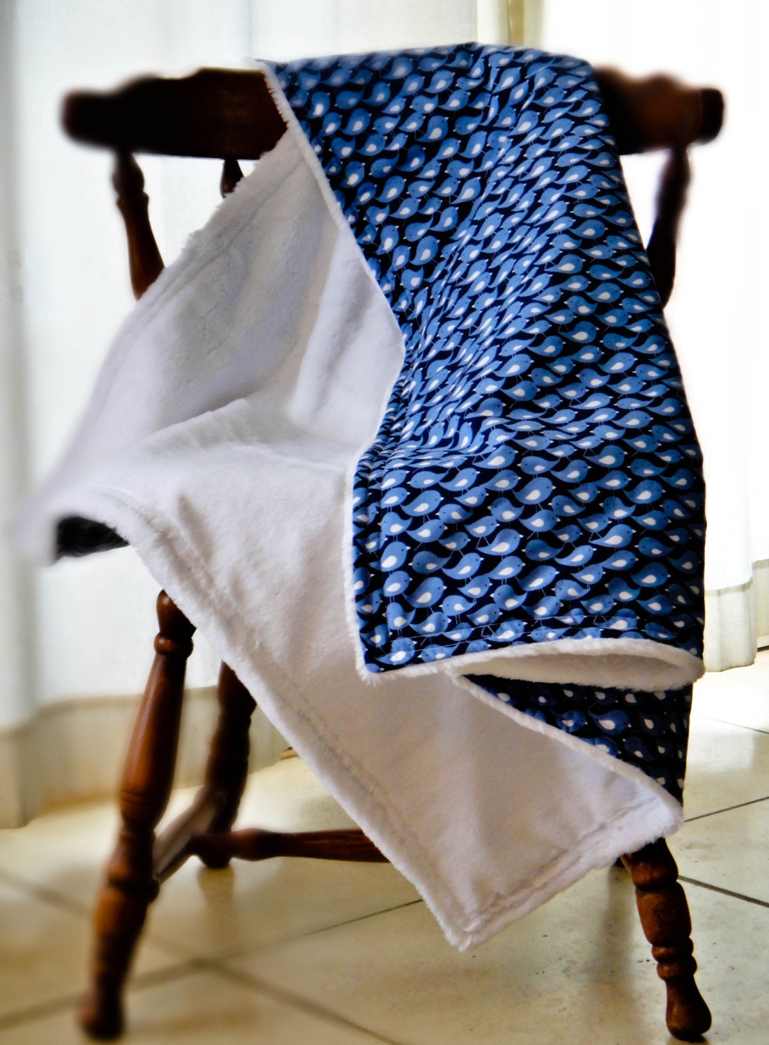 Navy and White Sweet Birds Stroller Blanket, 30 X 36 Baby Toddler Blanket, Designer Fabric, Made To Order