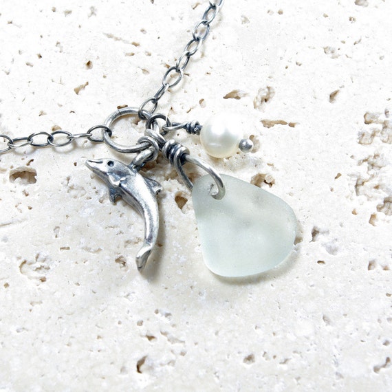 Sterling Silver Anklet - Sea Glass Jewelry - Light Seafoam Dolphin ...