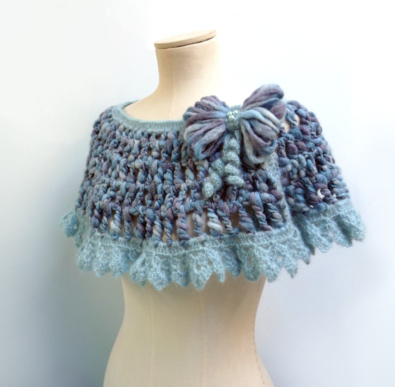 Crochet Capelet / Wrap / Scarf - Light Blue - Romantic Lace Shawl with Yarn Bow - ANGEL