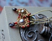 garnet and coral earrings- genuine garnet and coral ,pale gold freshwater pearl and gold taupe seed beads in long gold earrings -  Athena II