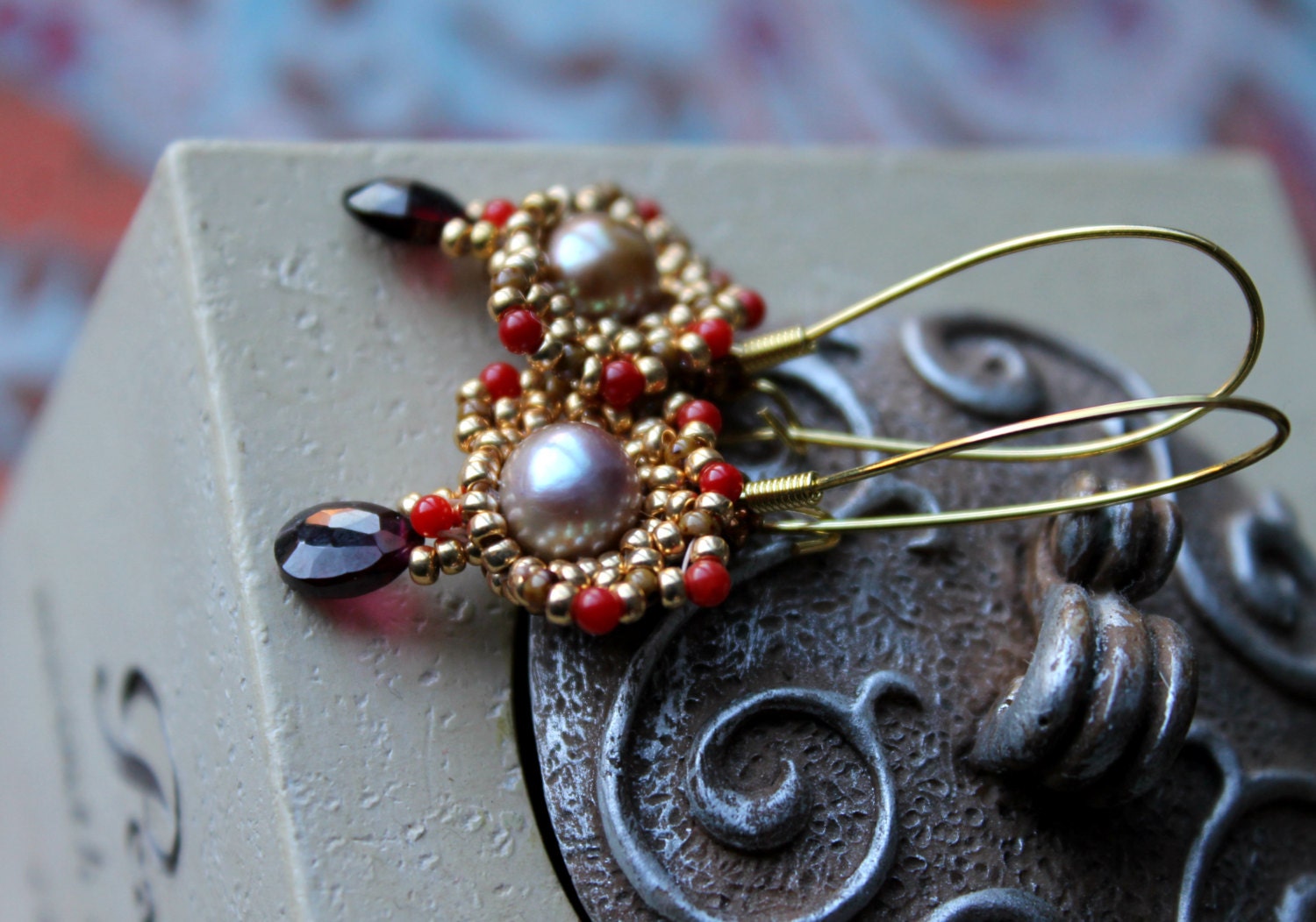garnet and coral earrings- genuine garnet and coral ,pale gold freshwater pearl and gold taupe seed beads in long gold earrings -  Athena II