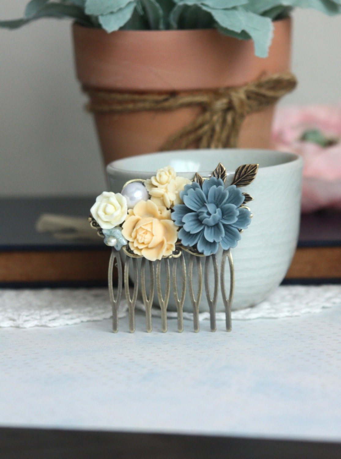 A Dusty Blue Vintage Style Collage Hair Comb. Dusty Blue, Ivory Collage Flower Hair Comb. Bridesmaids Comb. Wedding Comb. Bridal Wedding.