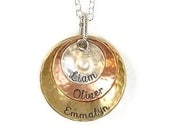 Reid Personalized Mom Necklace - Cupped and Hammered Brass, Copper and Sterling