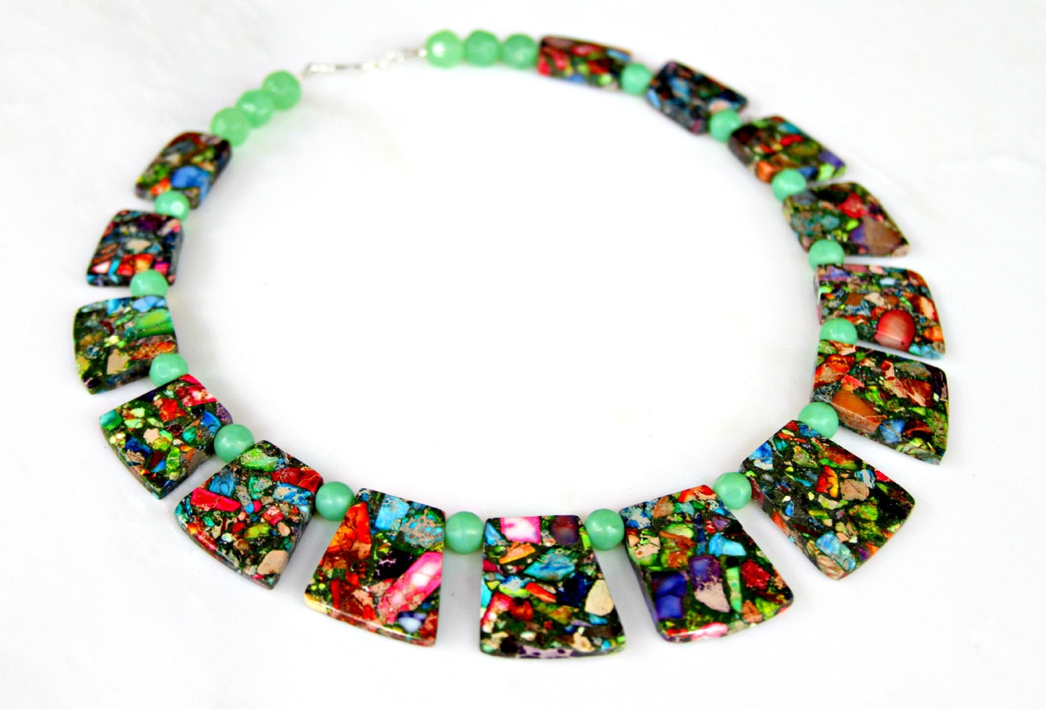 Rainbow Goddess Necklace - Chunky Variscite Pyrite Gemstones and Opaque Green Agate with Sterling Silver by Mei Faith
