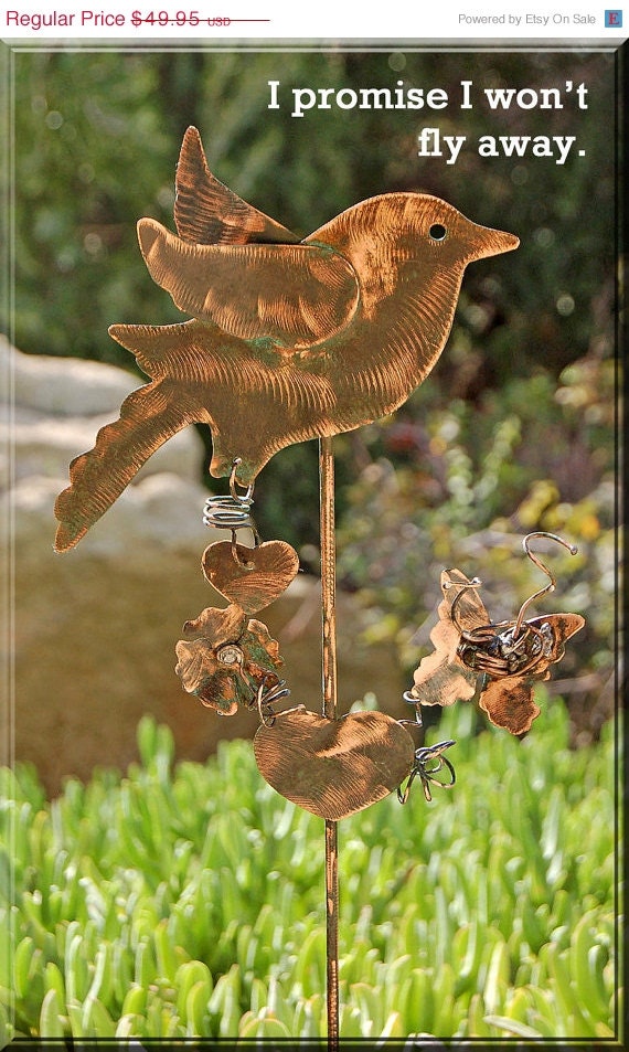 Bird Plant Stake Lawn Ornament Garden Outdoor Metal Yard Art Spike Handmade Copper Sparrow Sculpture Wildlife Home Patio Decor