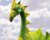 Green Dragon Garden Art Flamingo yard sculpture recycled yard decor, up-cycled plastic flamingo.
