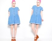 90s Chambray Oversized Shorts Romper - 1990s Grunge Babydoll Playsuit Onesie - M L