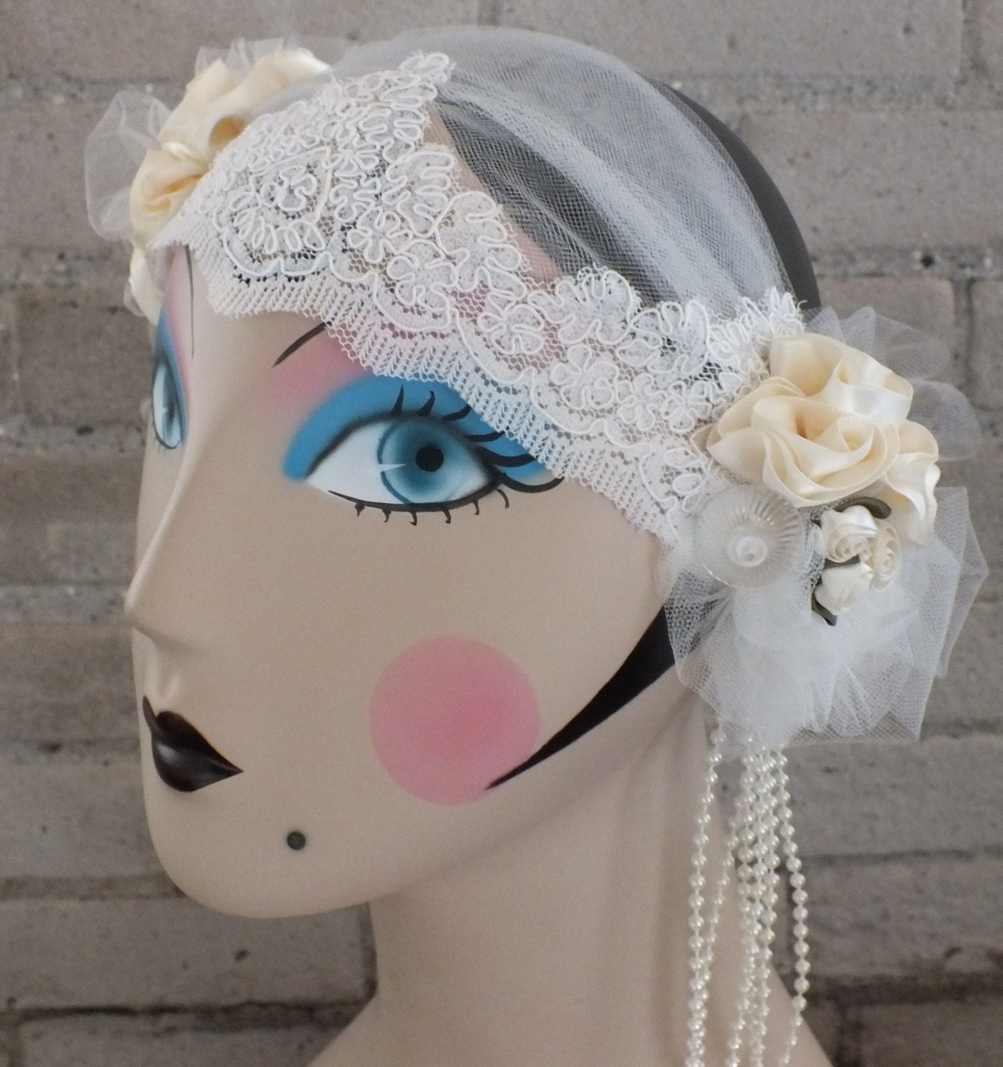 Ivory Bridal Cap Wedding Headpiece in Tulle and Lace With Asymmetrical Floral Collage