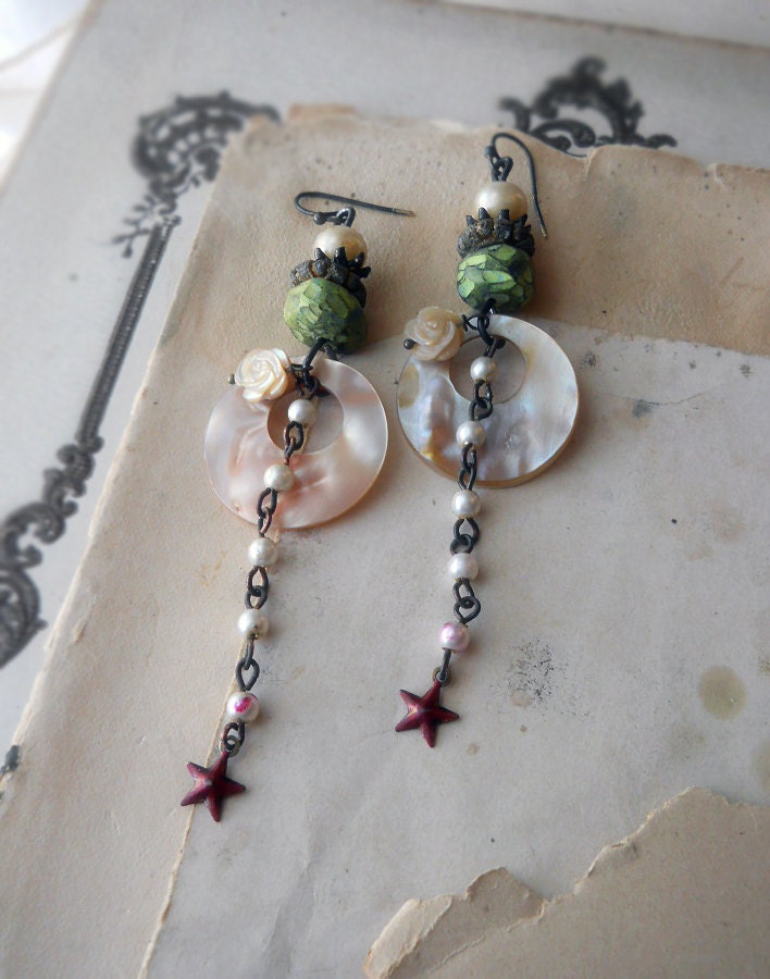 Rustic Beaded Earrings - Assemblage - MOP Hoops, Faceted Polymer Clay, Vintage Glass Pearls - Rustic Romantic Green and Cream Long Earrings