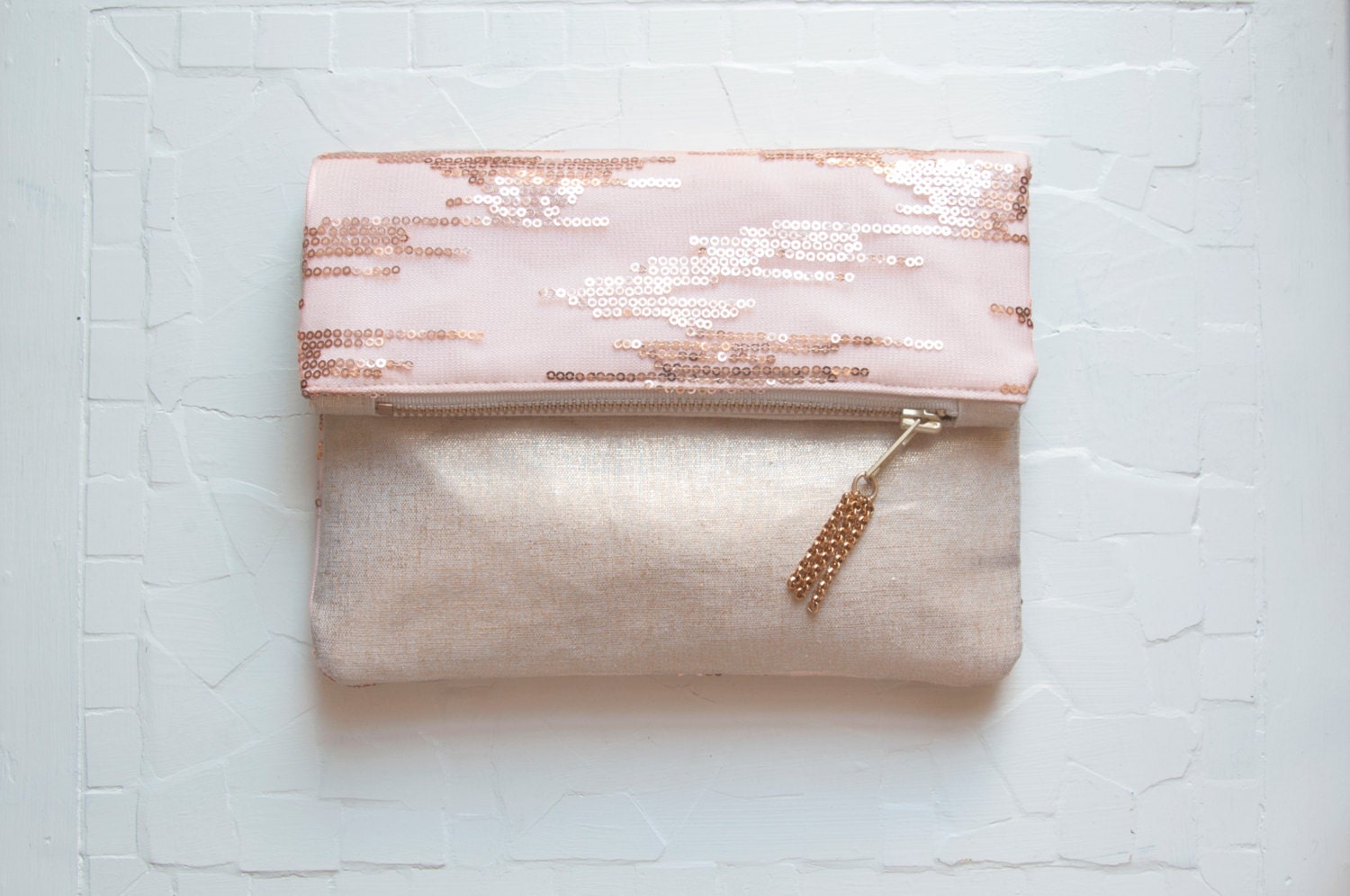 SHIMMER. Blush Pink Sequin Clutch. Gold Metallic Clutch. Sequin Fold Clutch.
