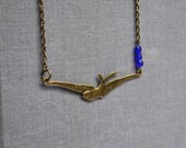 Flying Swallow Bird Necklace, Cobalt Blue Czech Beads, Free Flying Swallow Sparrow Bird Necklace, Bird Jewelry Canadian Shop