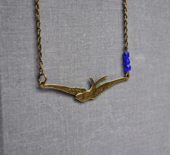 Flying Swallow Bird Necklace, Cobalt Blue Czech Beads, Free Flying Swallow Sparrow Bird Necklace, Bird Jewelry Canadian Shop
