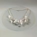 Fiber art linen necklace with blue gray pearls and white chiffon anemon flowers. Fine wedding jewelry for beach wedding. Summer bijoux.