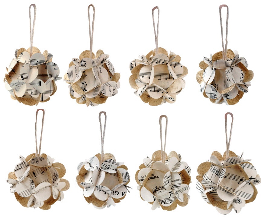 Handmade Upcycled Music Score Paper Ball Ornaments Vintage Set of Eight, Photography Props, Christmas Tree, Wedding Decorations