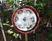CRANBERRY Yard Art, Glass Plate Flower, Garden glass art, Red Garden FLower, recycled, suncatcher, blue