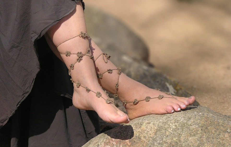 BAREFOOT SANDALS, Crochet Beach Wedding Shoes, Foot Jewelry, Barefoot Sandles, Romantic Anklet, Nude Shoes, Hippie Bohemian Gypsy, BROWN
