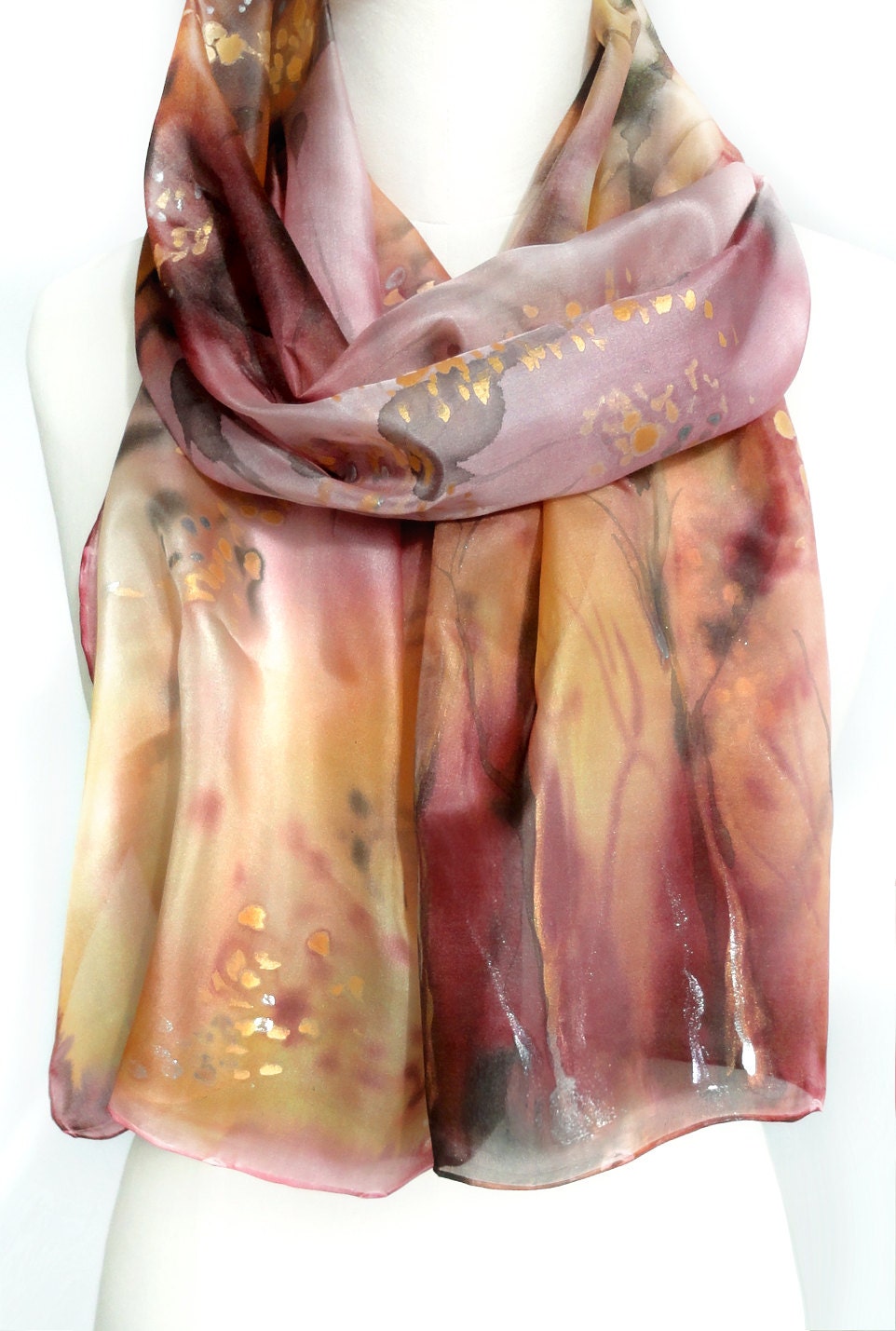 Women Shawl. Hand Painted Silk Scarf. Pink Yellow Scarf. Gift for Her. Whimsical Scarf. Handmade Shawl. 14x71 in. (35x180cm). Ready to Ship.