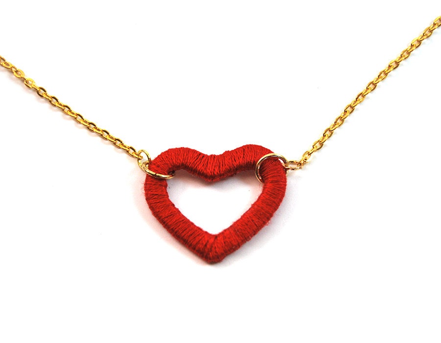 Red heart necklace with gold plated chain. Heart pendant from cardboard and wrapped thread, recycled jewelry