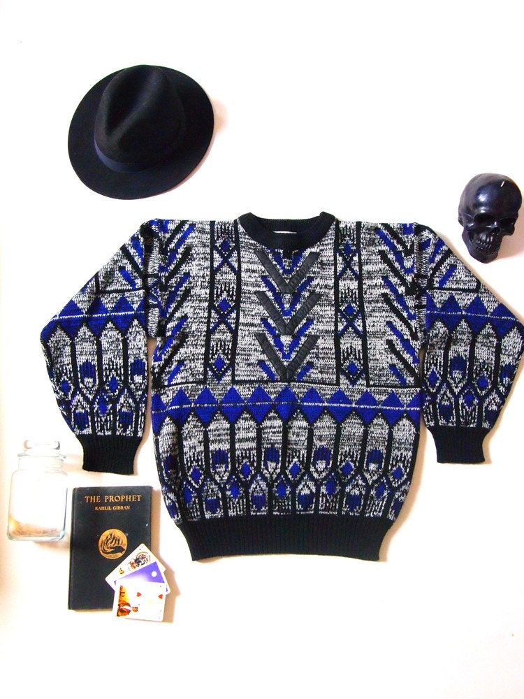 Vintage 90s Gothic Art Deco Purple and Black Graphic Sweater with Leather Details