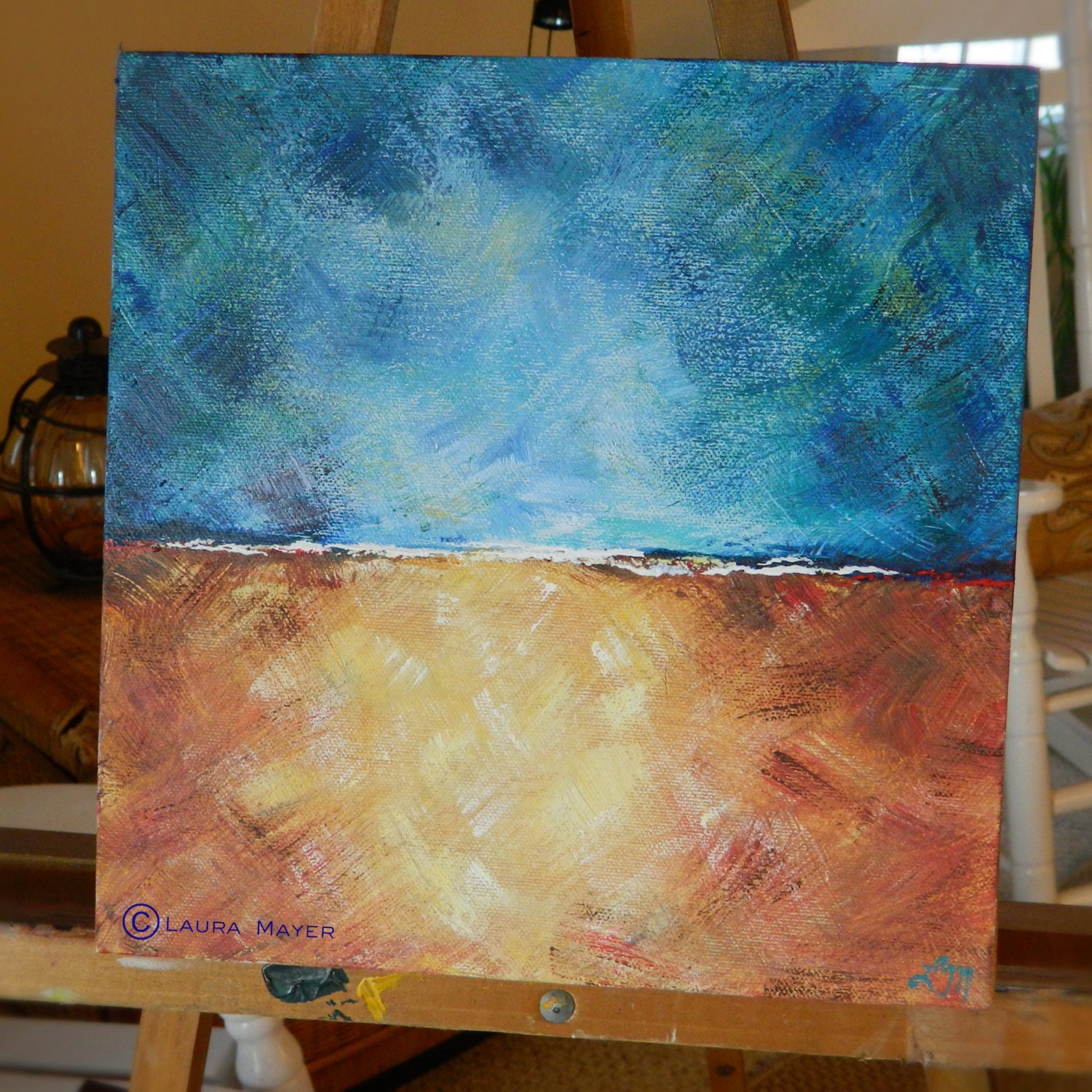 Solitude- 10 x 10 original acrylic abstract seascape, horizon line, wave painting on canvas