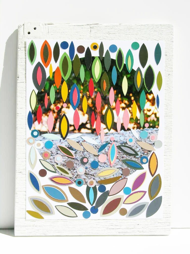 Original paper collage by Tracy Melton on reclaimed plywood from the sea modern art on wood