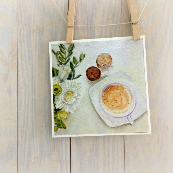 Kitchen art, tea, coffee, biscuits, watercolor painting print, home decor, 6x6 fine art by Cathie Carlson