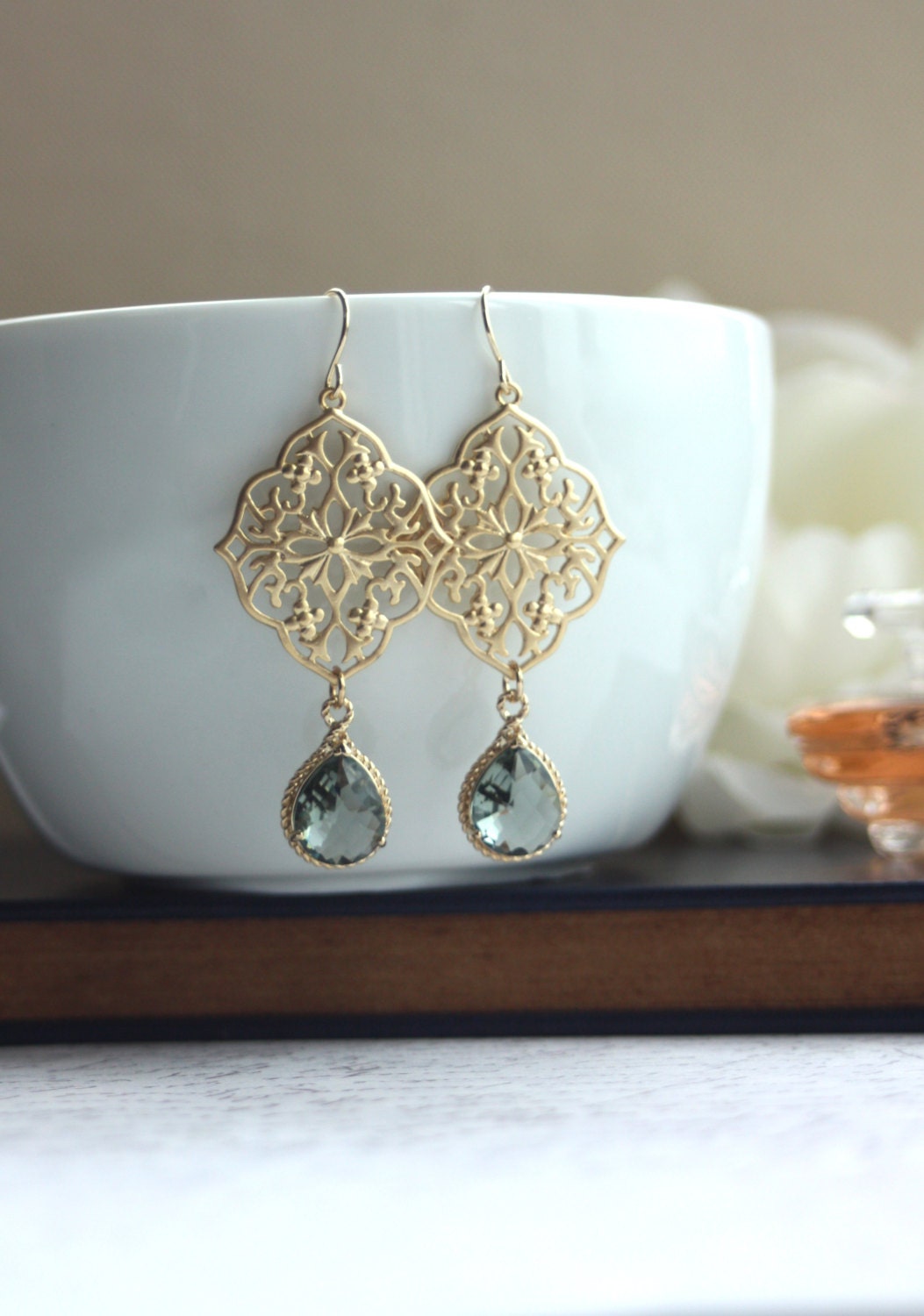 A Gypsy Art Deco Filigree Chandelier Grey Black Glass Gold Plated Drop Earrings. Maid of Honor. Bridesmaids Gifts. Boho Summer. Kite Shield