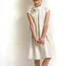 Ivory Flower Girl Dress, Organic Girls Dress in Cotton, Eco Wedding Child Dress, Short sleeved Dress with Natural Hand Crocheted Flower