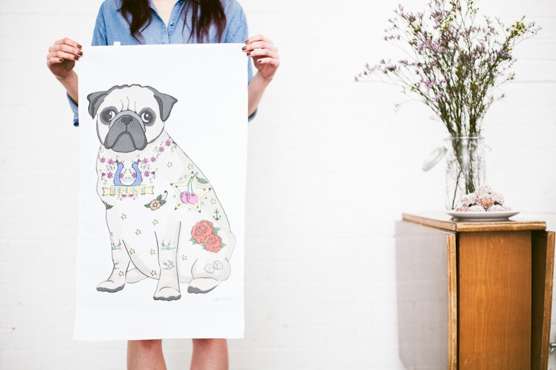 Tattoo Pug Tea Towel