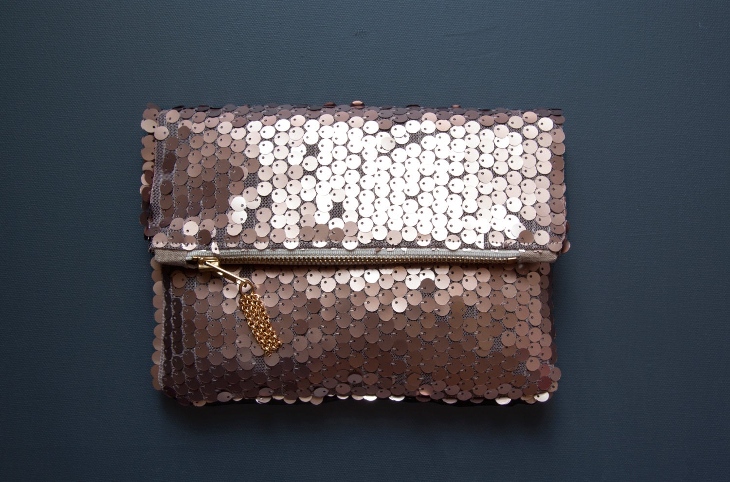MAUVE Blush Sequin Fold Clutch. Deep Rose Gold Clutch. Mauve Metallic Clutch