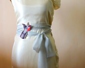 Wedding chiffon belt with velvet pink bird. Pearl gray sash for wedding dress in feminine romantic style.