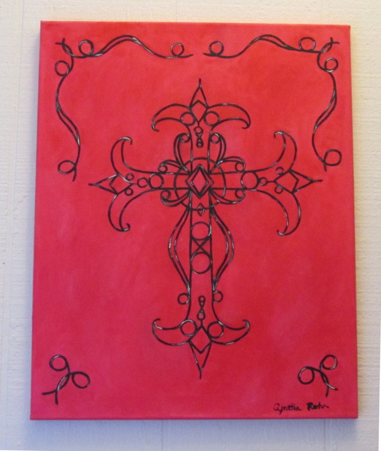 PINK and BLACK Painting, Cross oil painting, ChriSTIan decoration, reliGIOUs art