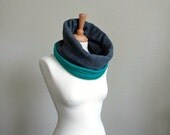 Neckwarmer chunky cowl hood snood dark gray emerald green bicolor neck warmer warm scarf  xl chunky charcoal grey