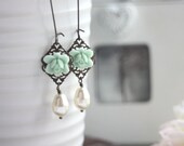Mint Green Lily Flower, Swarovski Ivory Teardrop Dangle Earrings. Cottage Mint Vintage Style. Wedding Jewelry. Bridesmaids. Mint Wedding