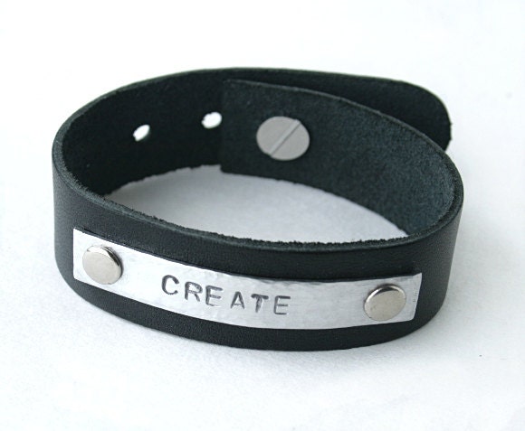 Create hand stamped leather bracelet, black, cuff, unisex, mens bracelet, womens bracelet