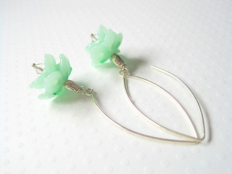 Mint Green Earrings - Lampwork Glass Flower - Dangle Drop - Sterling Silver Ear Wires