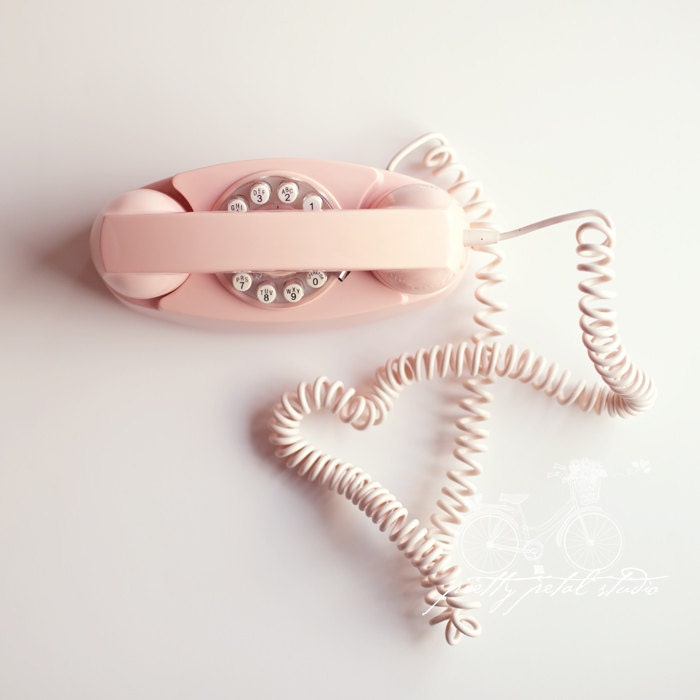 Still Life Photography, Phone, Pale Pink Vintage Telephone, Girlie, Call Me, Heart Shape, Pastel, Talk, Gossip, Pop Art, Square 5x5 Print - PrettyPetalStudio