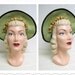 1930s 1940s Green Straw Hat - Black Bow and Yellow Flowers