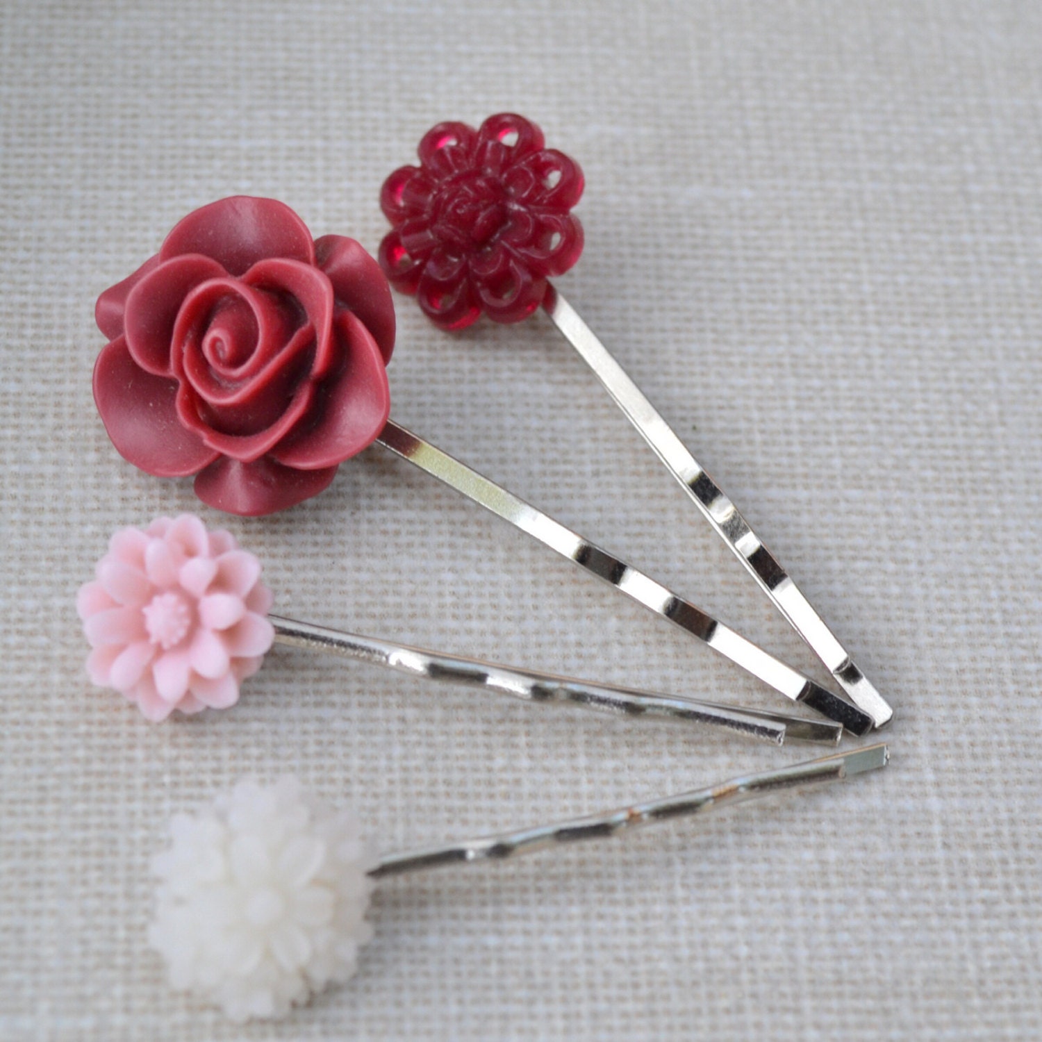Burgundy and Pink Flower Hair Pins Flower by lapinduprintemps