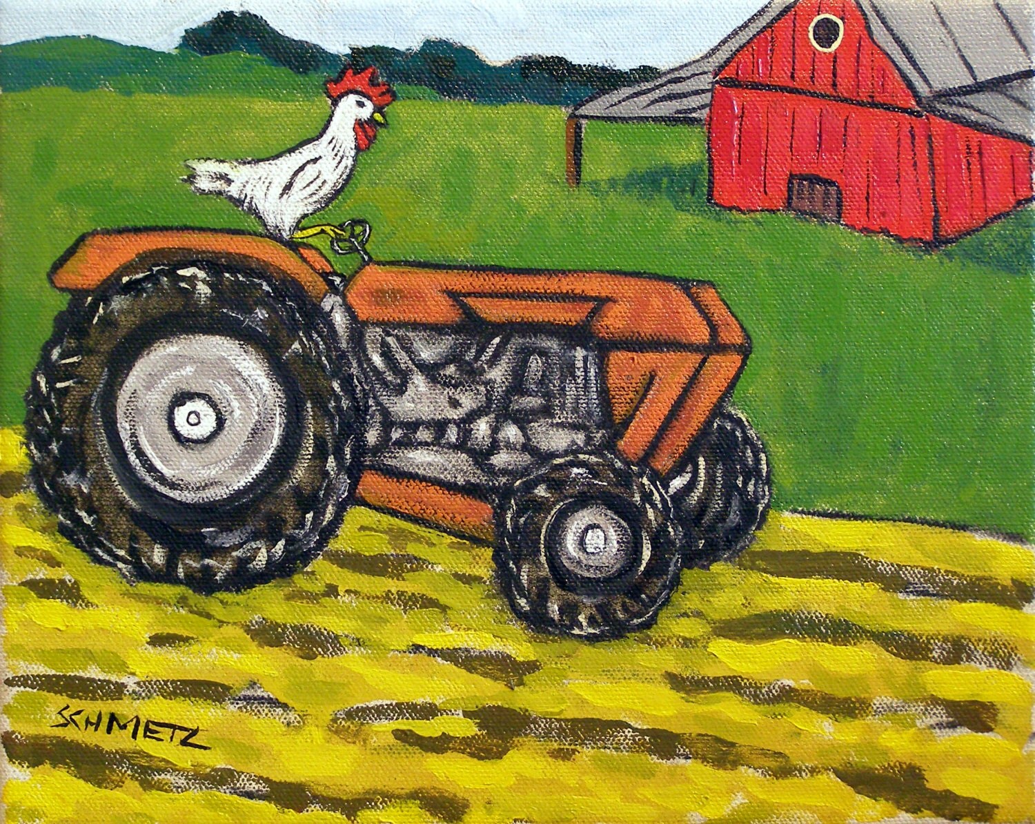 chicken on a tractor 11x14 art print JSCHMETZ modern abstract folk pop 