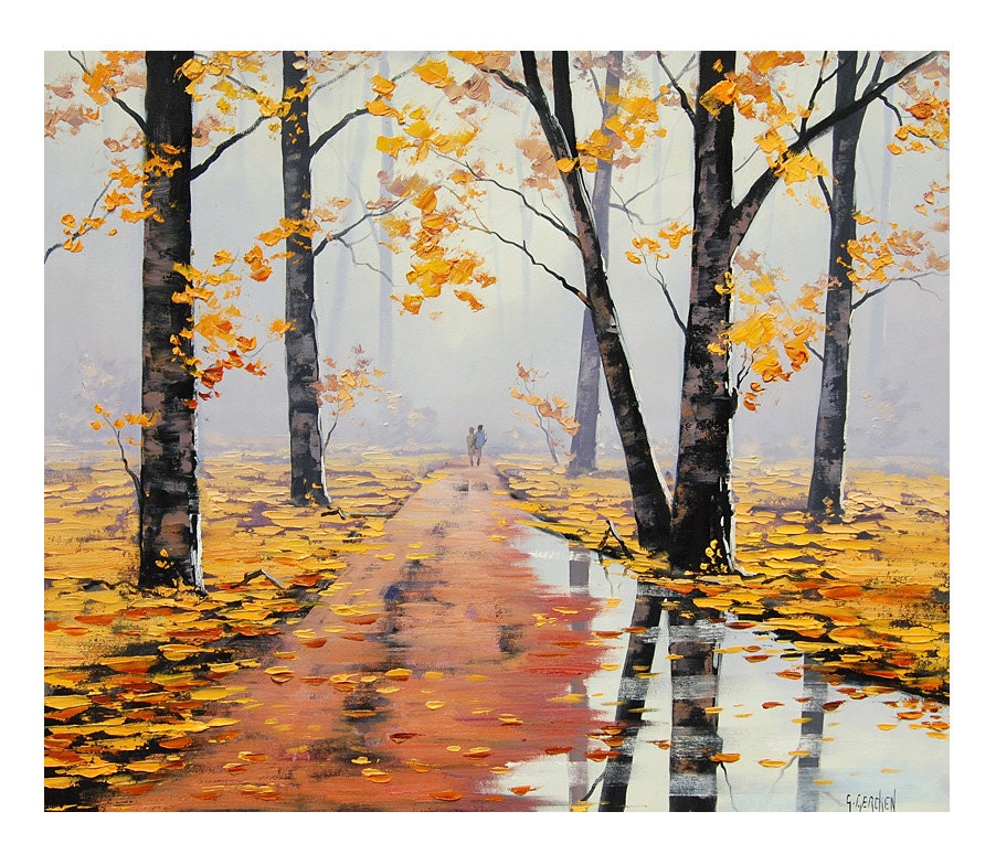 LARGE Yellow autumn oil painting commissioned fall trees art road trail artwork Graham gercken - GerckenGallery