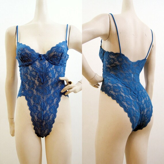 Bodysuit Teddy Vintage 80s Lingerie Blue Sheer by voguevintage