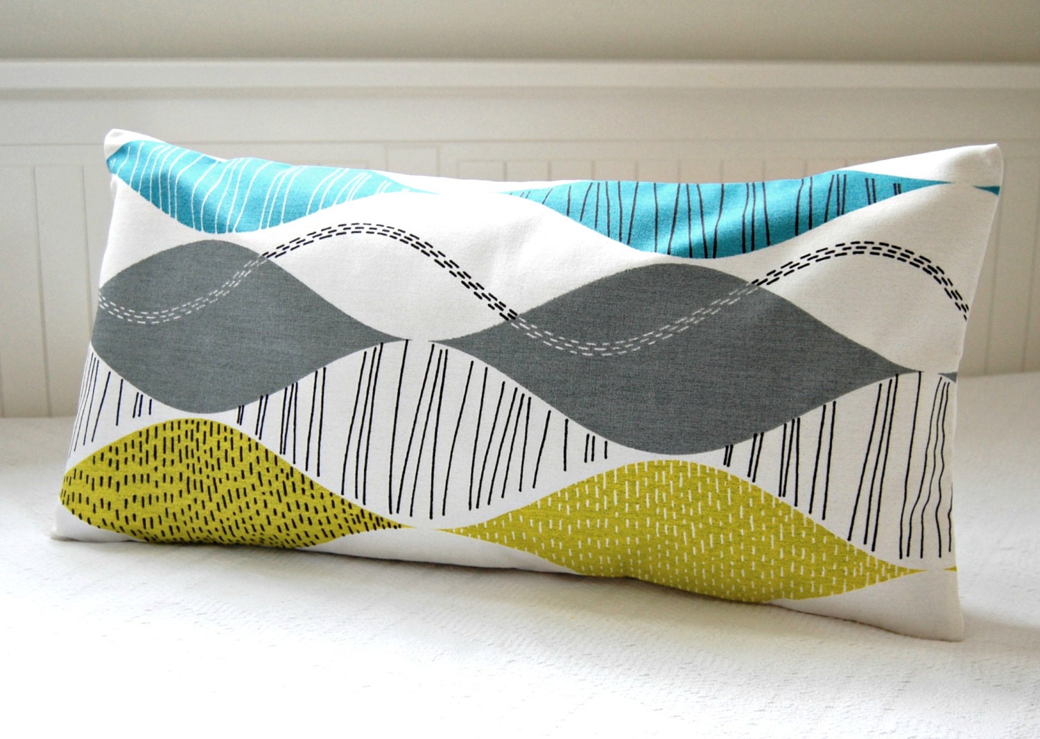 cushion cover teal blue lime yellow grey abstract , 12 x 24 inch retro lumbar decorative pillow cover