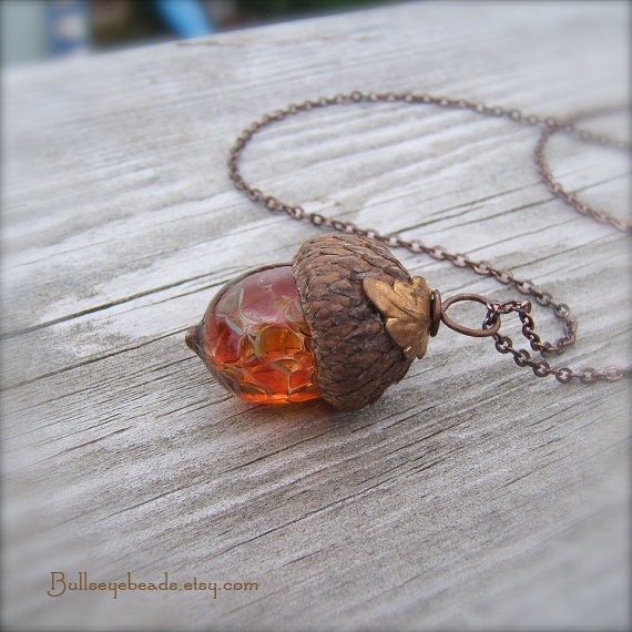 Mini Glass Acorn Necklace - Autumn Tones with Vintage Metal Leaf by Bullseyebeads
