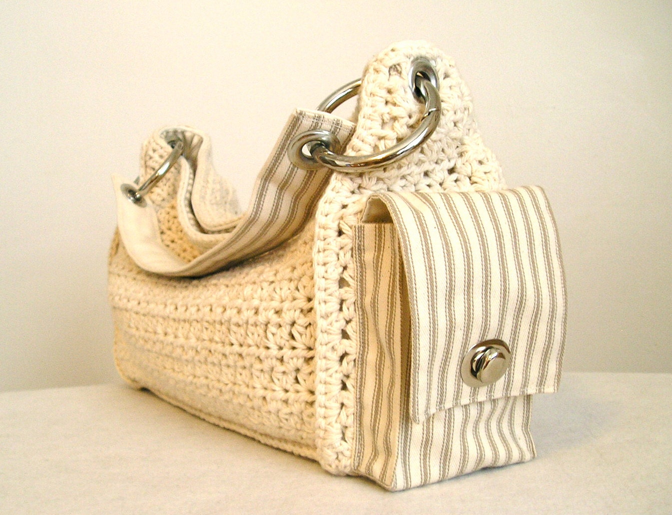 Cream and tan crocheted slouchy handbag