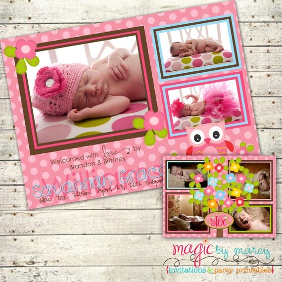 Happi tree inspired owl doublesided digital Birth announcement Il_570xn
