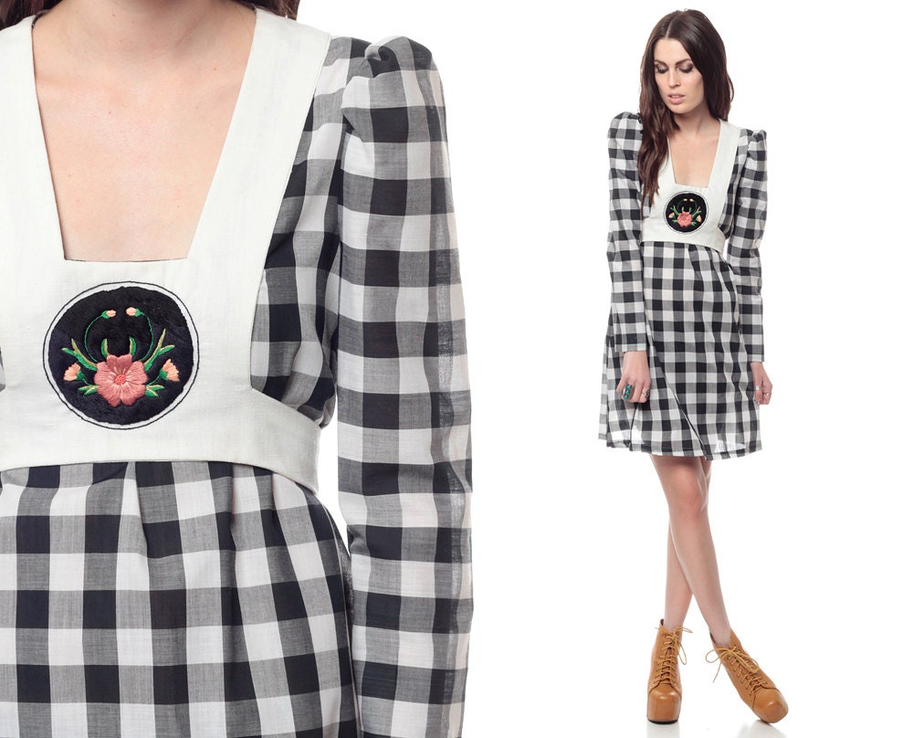 Checkered Mini Dress 70s Bib Puff Sleeve 60s Retro 1970s Babydoll Long Puff Sleeve Prairie Apron Embroidered Vintage Cotton Dress Medium M