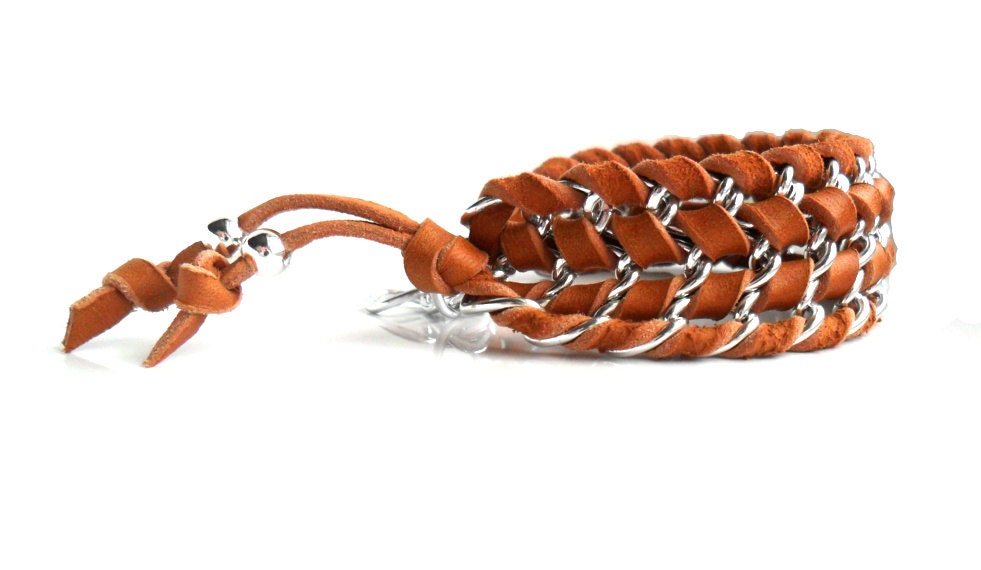 Leather Chain Chevron  Bracelet  Deer skin Chain Cuff - Daniblu