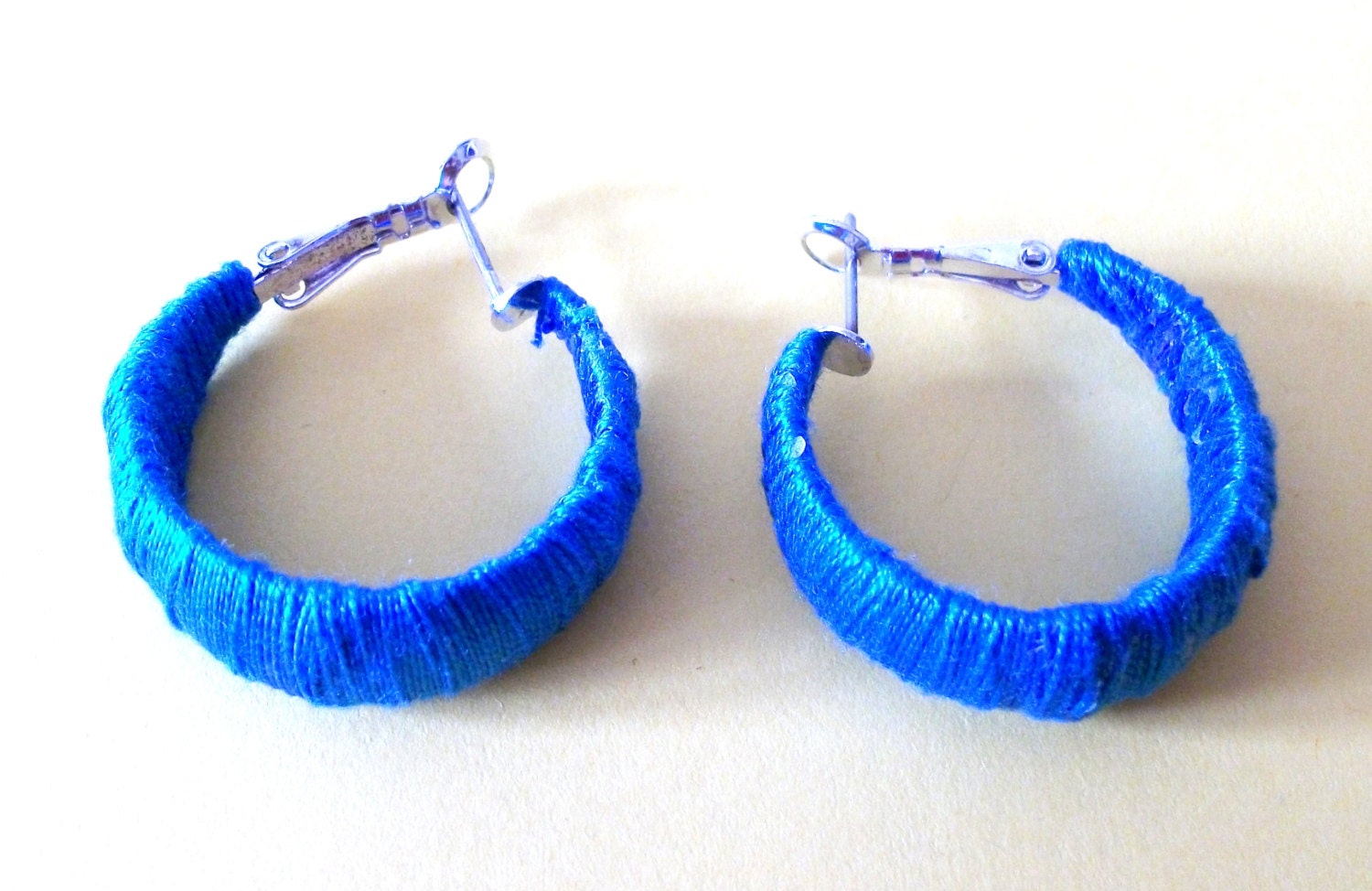 Blue Multicoloured Yarn Wrapped Hoop Earrings